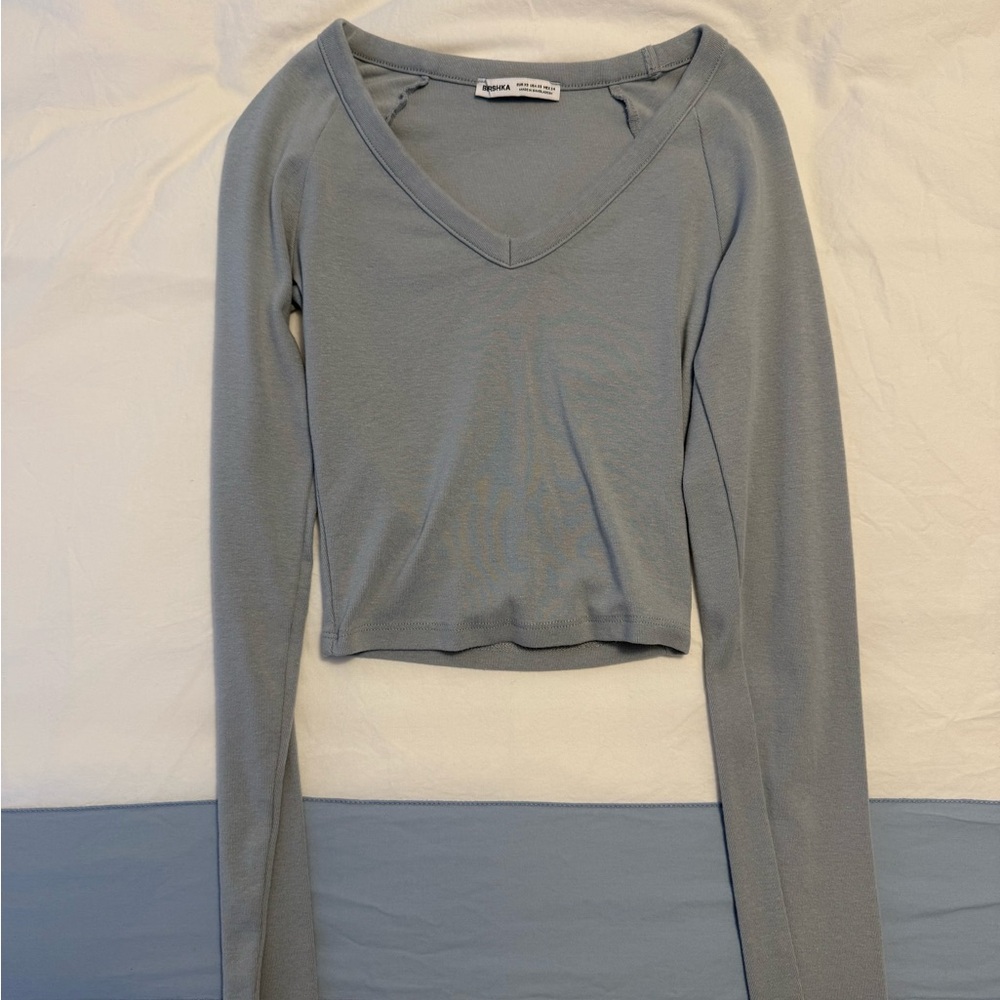 Bershka Light Blue Long Sleeve V-Neck Top